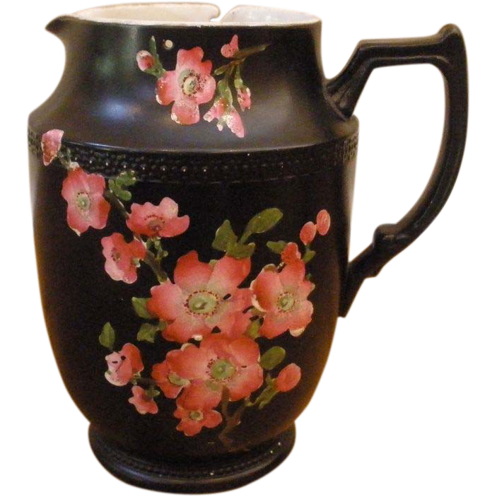 Rare Antique English Carlton Ware Pottery Jug, Hand Painted, Black With Pink Flowers.-FREE SHIPPING- Rare Antique English Carlton Ware Pottery Jug, Hand Painted, Black With Pink Flowers.-FREE SHIPPING-