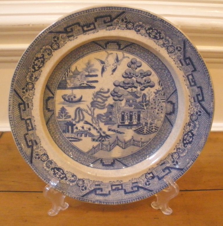Antique English Rare Staffordshire Elkin & Newton Stoneware Blue Willow Plate.-FREE SHIPPING- Antique English Rare Staffordshire Elkin & Newton Stoneware Blue Willow Plate.-FREE SHIPPING-