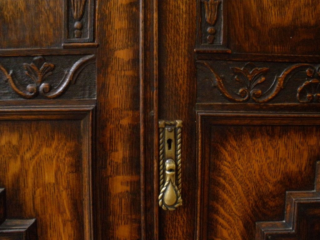 Antique English Carved Oak Jacobean Style Wardrobe Armoire. Antique English Carved Oak Jacobean Style Wardrobe Armoire.