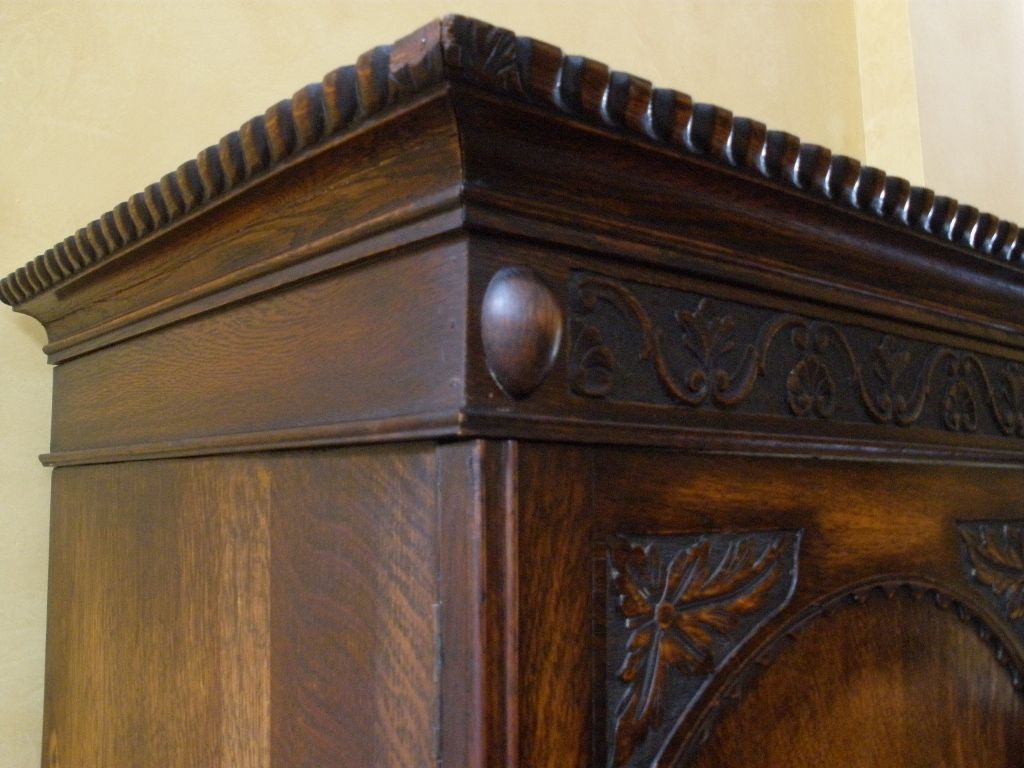 Antique English Carved Oak Jacobean Style Wardrobe Armoire. Antique English Carved Oak Jacobean Style Wardrobe Armoire.