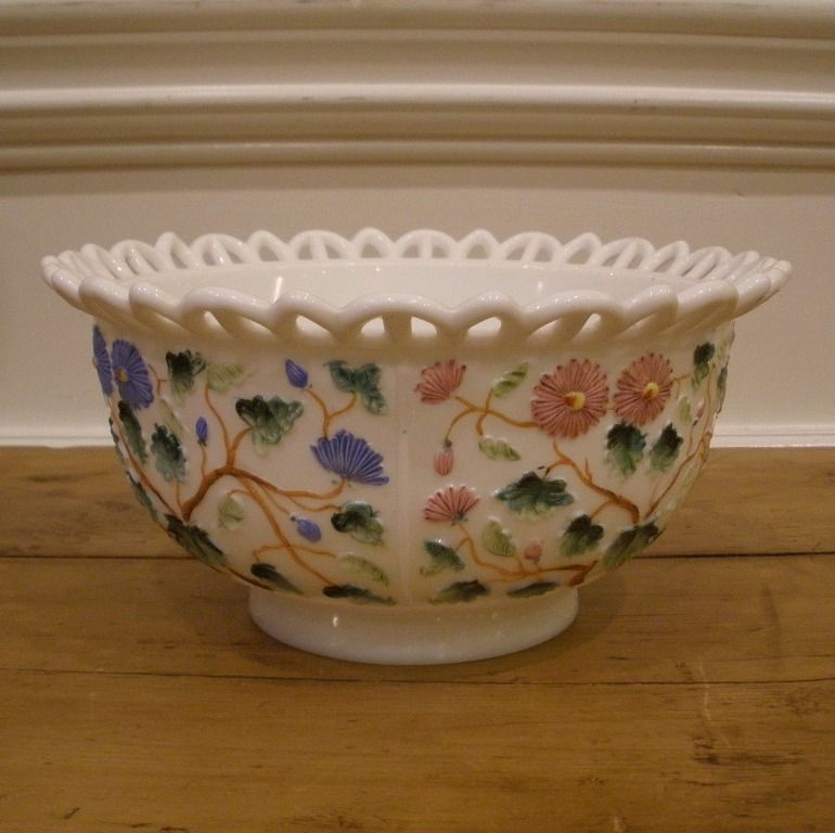 Antique Milk Glass Daisy, Tree of Life Bowl. Challinor Taylor. Antique Milk Glass Daisy, Tree of Life Bowl. Challinor Taylor.