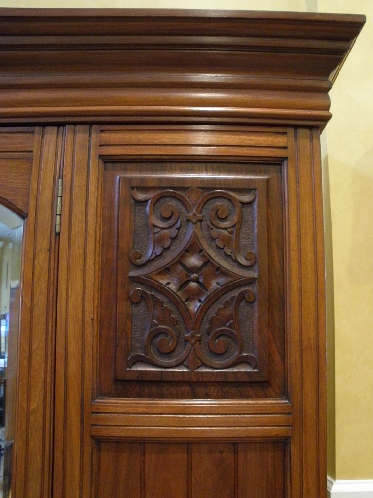 Antique English Carved Walnut Mirrored Wardrobe, Armoire. Antique English Carved Walnut Mirrored Wardrobe, Armoire.