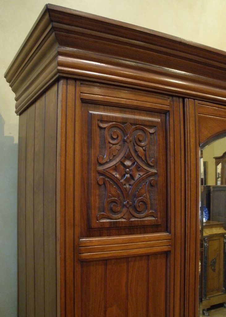 Antique English Carved Walnut Mirrored Wardrobe, Armoire. Antique English Carved Walnut Mirrored Wardrobe, Armoire.