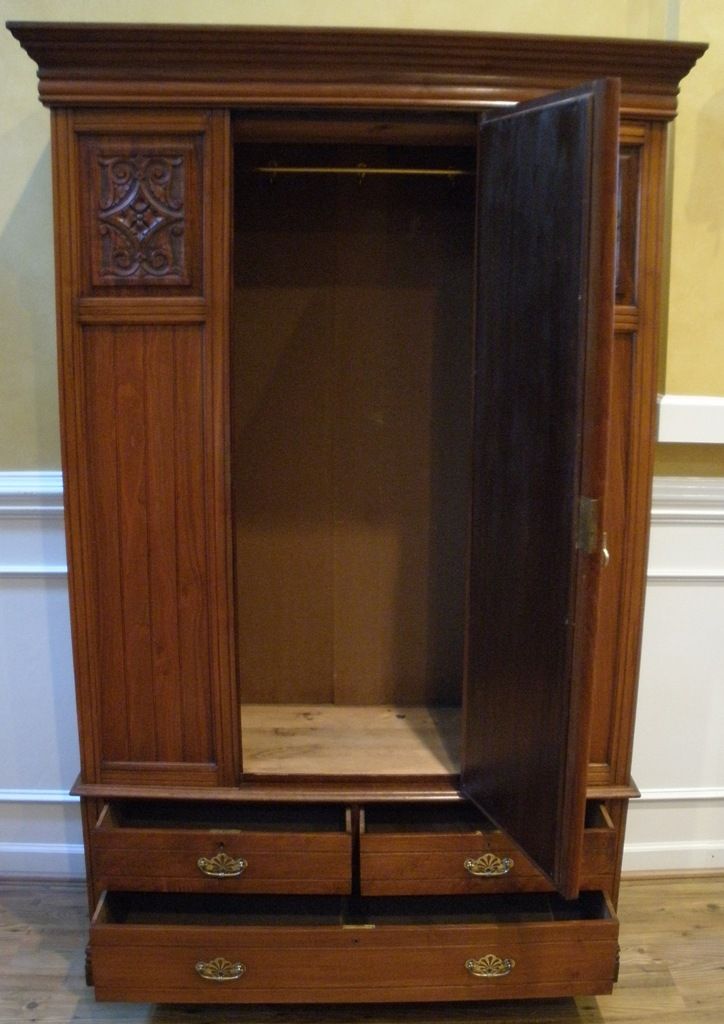 Antique English Carved Walnut Mirrored Wardrobe, Armoire. Antique English Carved Walnut Mirrored Wardrobe, Armoire.