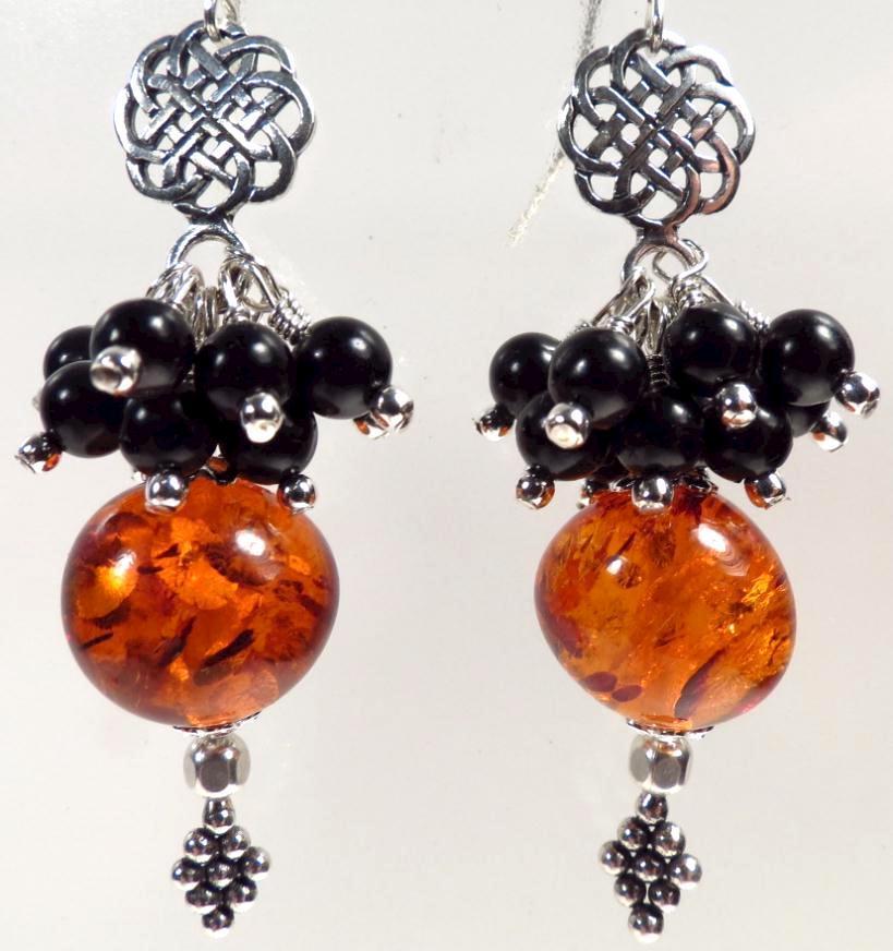 CELTIC QUEEN Earrings Baltic Amber Jet Silver Celtic Medieval Style CELTIC QUEEN Earrings Baltic Amber Jet Silver Celtic Medieval Style
