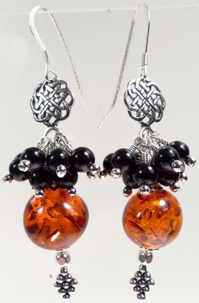 CELTIC QUEEN Earrings Baltic Amber Jet Silver Celtic Medieval Style CELTIC QUEEN Earrings Baltic Amber Jet Silver Celtic Medieval Style