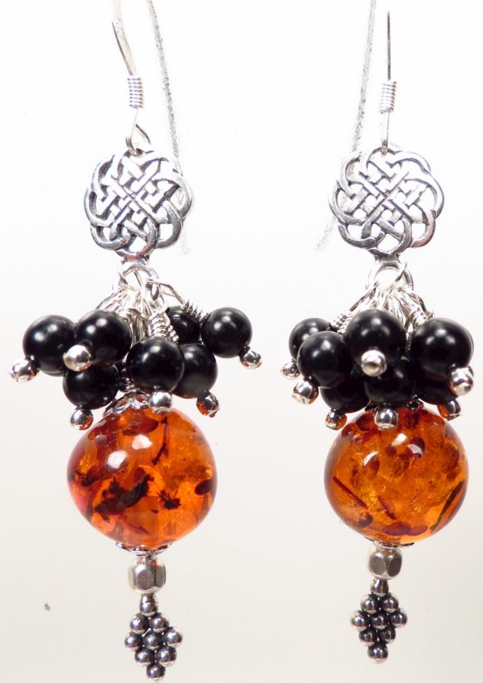 CELTIC QUEEN Earrings Baltic Amber Jet Silver Celtic Medieval Style CELTIC QUEEN Earrings Baltic Amber Jet Silver Celtic Medieval Style