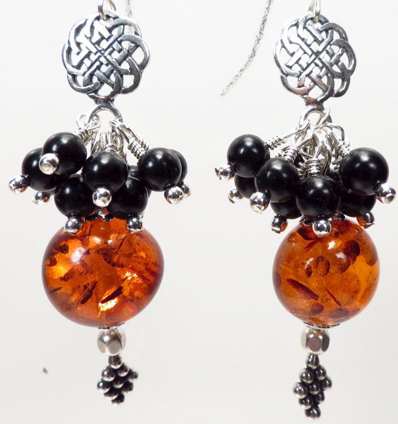 CELTIC QUEEN Earrings Baltic Amber Jet Silver Celtic Medieval Style CELTIC QUEEN Earrings Baltic Amber Jet Silver Celtic Medieval Style