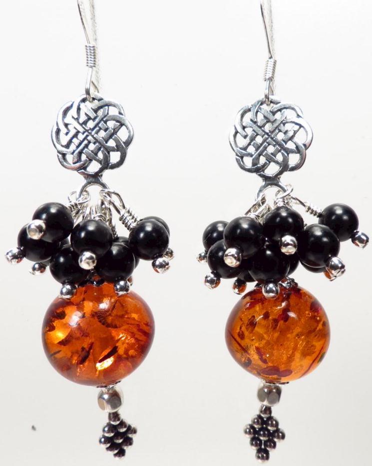 CELTIC QUEEN Earrings Baltic Amber Jet Silver Celtic Medieval Style CELTIC QUEEN Earrings Baltic Amber Jet Silver Celtic Medieval Style