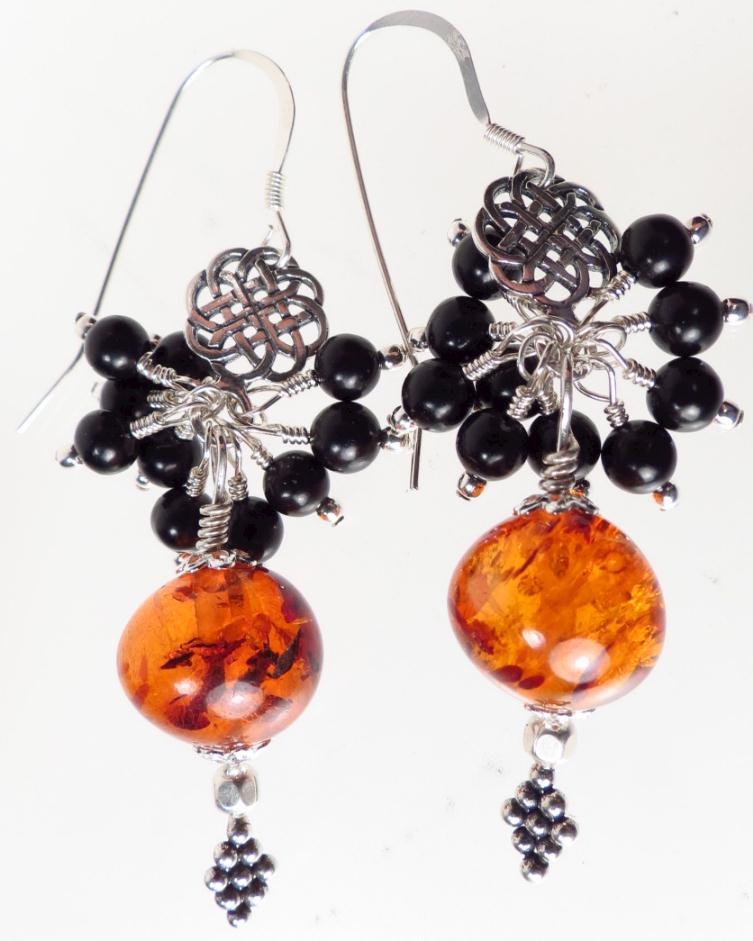 CELTIC QUEEN Earrings Baltic Amber Jet Silver Celtic Medieval Style CELTIC QUEEN Earrings Baltic Amber Jet Silver Celtic Medieval Style