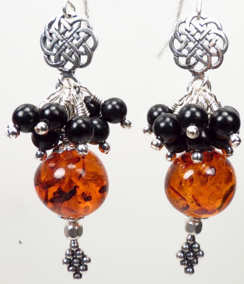 CELTIC QUEEN Earrings Baltic Amber Jet Silver Celtic Medieval Style CELTIC QUEEN Earrings Baltic Amber Jet Silver Celtic Medieval Style
