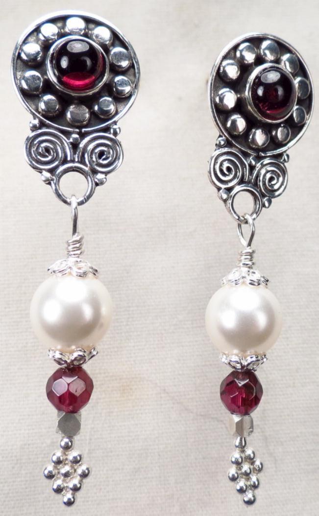 MORGAN LEFAY Earrings Garnet Silver Swarovski Crystal Pearl Celtic Medieval Style MORGAN LEFAY Earrings Garnet Silver Swarovski Crystal Pearl Celtic Medieval Style