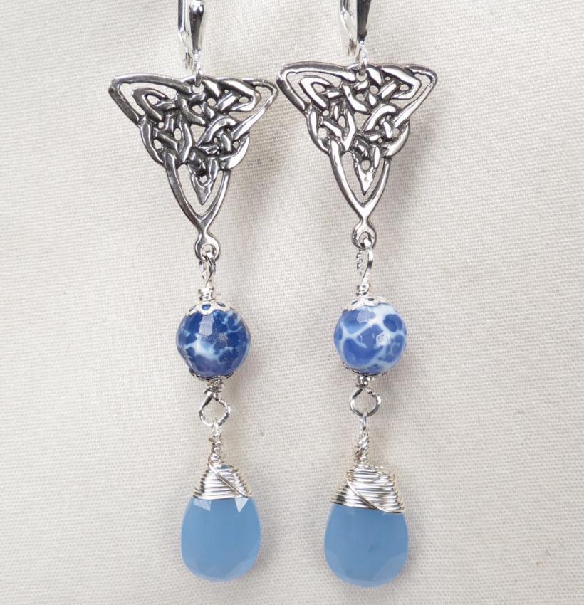 Cliodna of the Waves Earrings Blue Agate Chalcedony Celtic Medieval Style Cliodna of the Waves Earrings Blue Agate Chalcedony Celtic Medieval Style