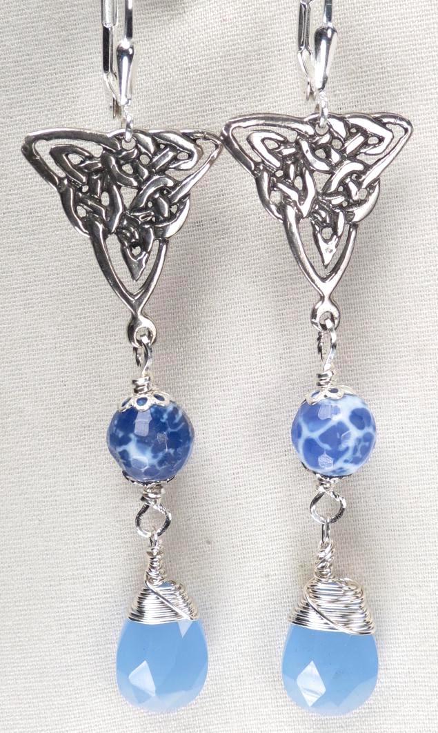 Cliodna of the Waves Earrings Blue Agate Chalcedony Celtic Medieval Style Cliodna of the Waves Earrings Blue Agate Chalcedony Celtic Medieval Style