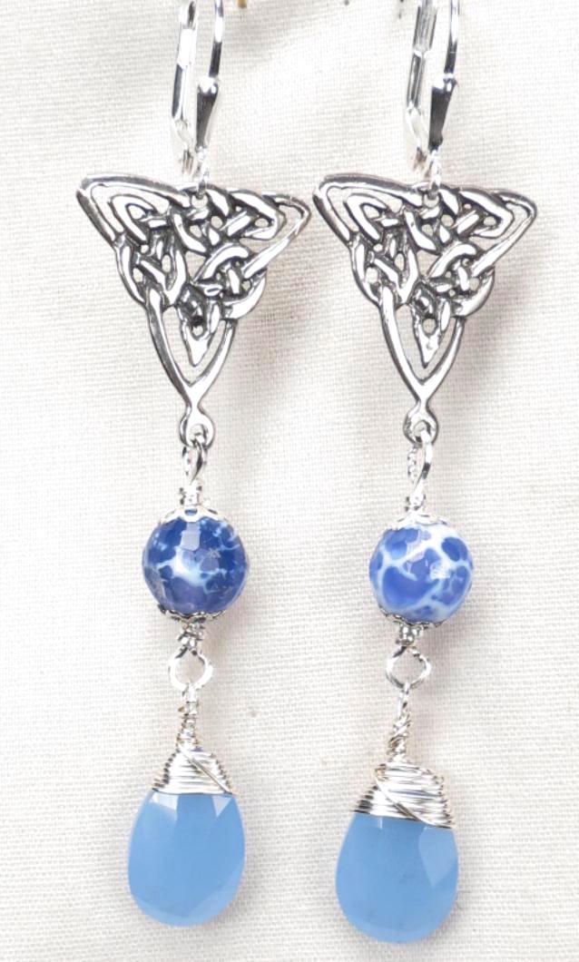 Cliodna of the Waves Earrings Blue Agate Chalcedony Celtic Medieval Style Cliodna of the Waves Earrings Blue Agate Chalcedony Celtic Medieval Style