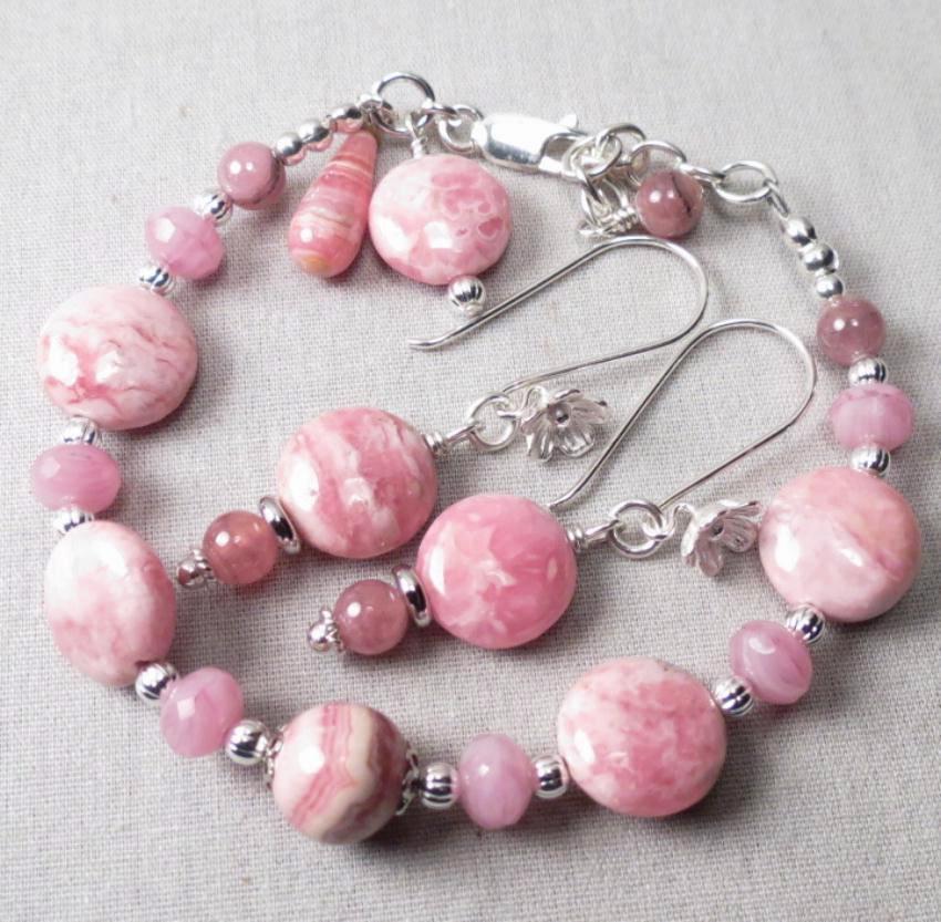 The Great Inca Priestesses Bracelet Earrings SET Rhodochrosite Peruvian Opal Silver The Great Inca Priestesses Bracelet Earrings SET Rhodochrosite Peruvian Opal Silver