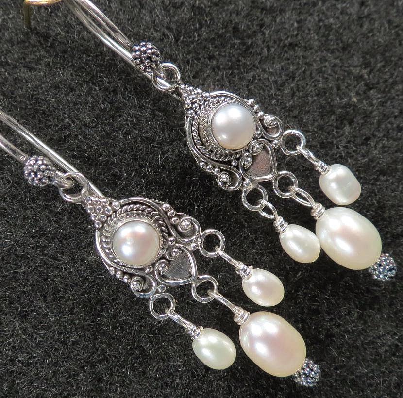 Tudor Renaissance Style Earrings Cultured Freshwater Pearl Chandelier Silver Tudor Renaissance Style Earrings Cultured Freshwater Pearl Chandelier Silver