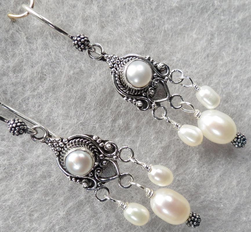 Tudor Renaissance Style Earrings Cultured Freshwater Pearl Chandelier Silver Tudor Renaissance Style Earrings Cultured Freshwater Pearl Chandelier Silver