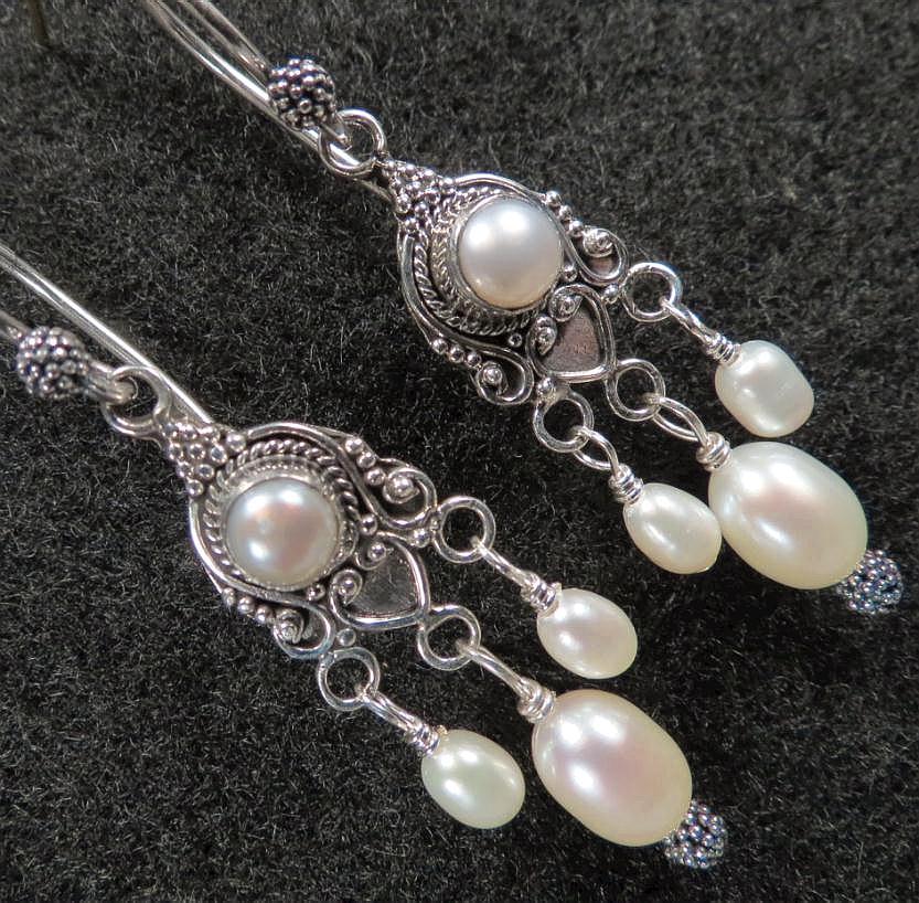 Tudor Renaissance Style Earrings Cultured Freshwater Pearl Chandelier Silver Tudor Renaissance Style Earrings Cultured Freshwater Pearl Chandelier Silver