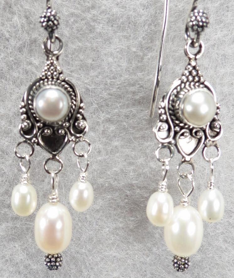 Tudor Renaissance Style Earrings Cultured Freshwater Pearl Chandelier Silver Tudor Renaissance Style Earrings Cultured Freshwater Pearl Chandelier Silver