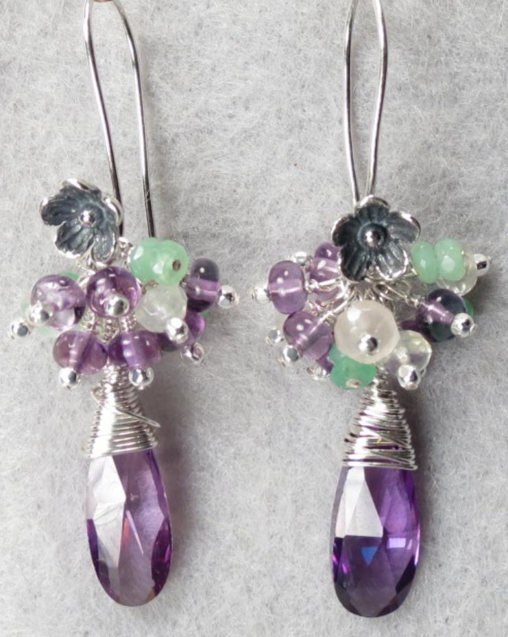 La Belle Dame Earrings Amethyst Prehnite Chrysoprase Cubic Zirconia Medieval Style La Belle Dame Earrings Amethyst Prehnite Chrysoprase Cubic Zirconia Medieval Style