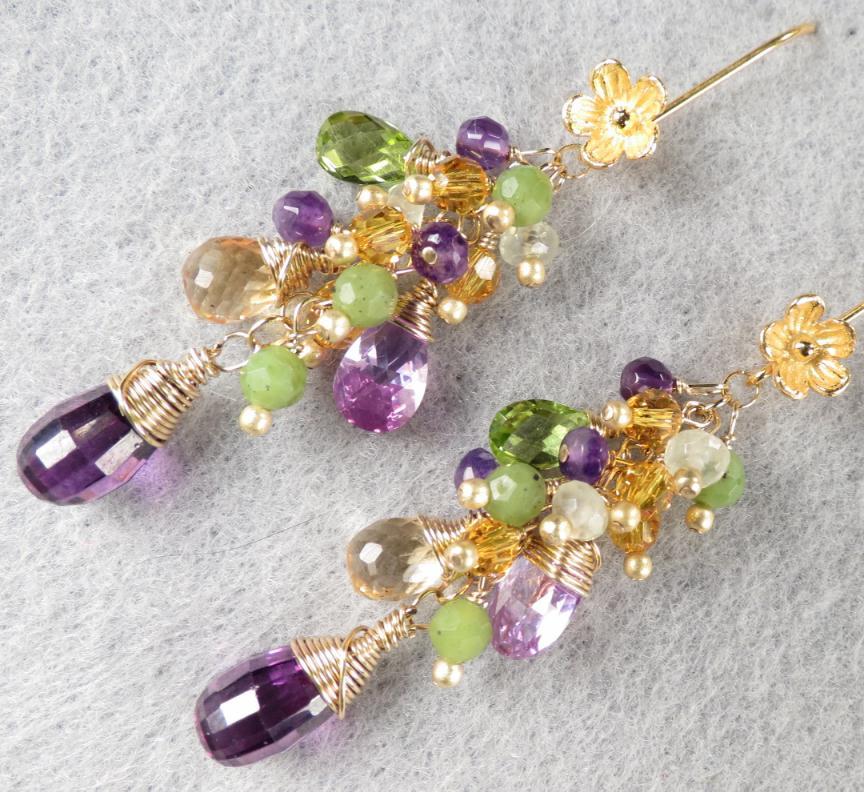 PRIMAVERA Renaissance Style Earrings Citrine Amethyst Prehnite Peridot Jade Cubic Zirconia 14K GF PRIMAVERA Renaissance Style Earrings Citrine Amethyst Prehnite Peridot Jade Cubic Zirconia 14K GF