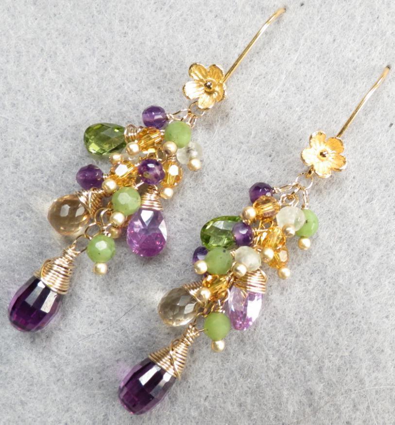 PRIMAVERA Renaissance Style Earrings Citrine Amethyst Prehnite Peridot Jade Cubic Zirconia 14K GF PRIMAVERA Renaissance Style Earrings Citrine Amethyst Prehnite Peridot Jade Cubic Zirconia 14K GF