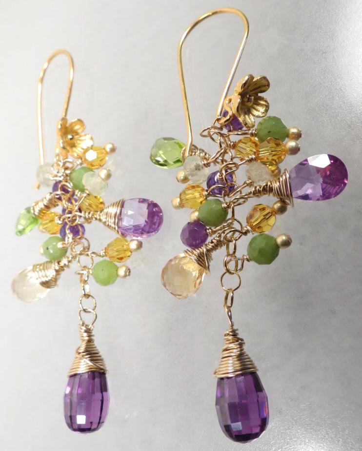 PRIMAVERA Renaissance Style Earrings Citrine Amethyst Prehnite Peridot Jade Cubic Zirconia 14K GF PRIMAVERA Renaissance Style Earrings Citrine Amethyst Prehnite Peridot Jade Cubic Zirconia 14K GF