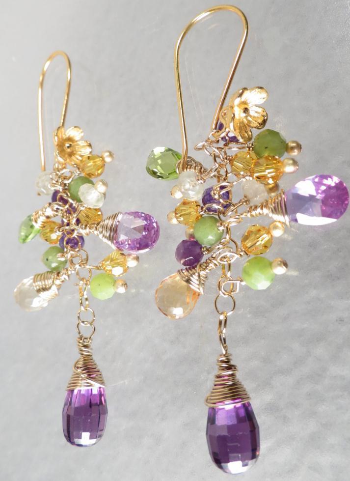 PRIMAVERA Renaissance Style Earrings Citrine Amethyst Prehnite Peridot Jade Cubic Zirconia 14K GF PRIMAVERA Renaissance Style Earrings Citrine Amethyst Prehnite Peridot Jade Cubic Zirconia 14K GF