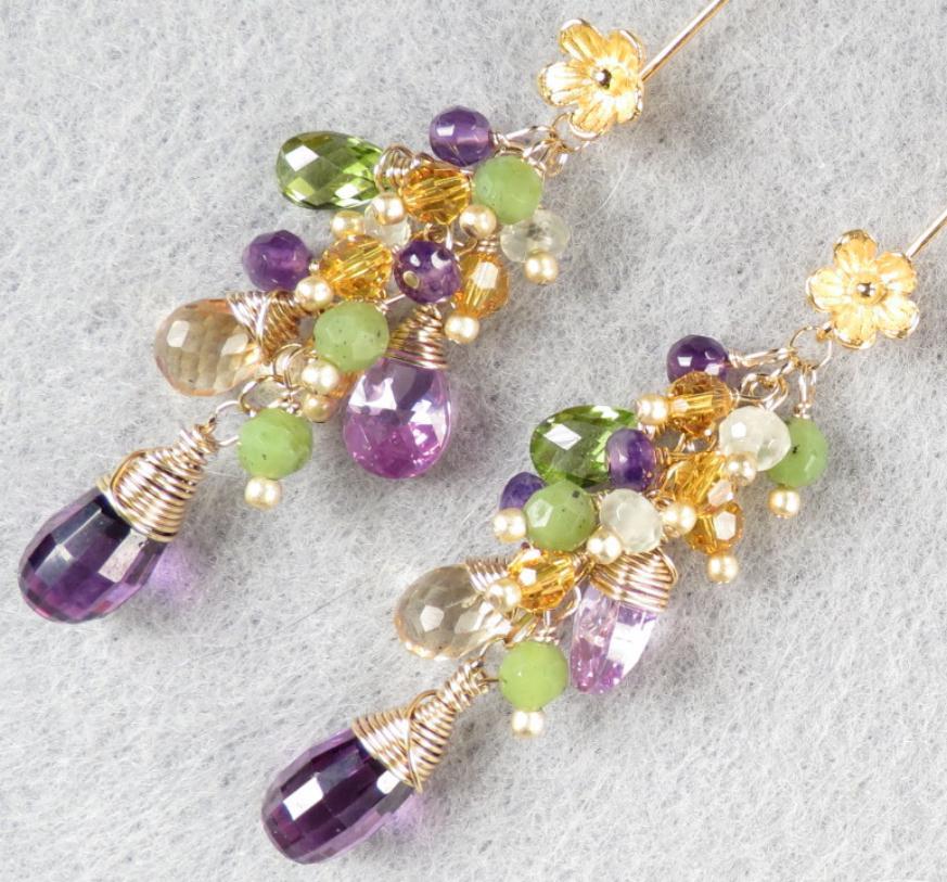 PRIMAVERA Renaissance Style Earrings Citrine Amethyst Prehnite Peridot Jade Cubic Zirconia 14K GF PRIMAVERA Renaissance Style Earrings Citrine Amethyst Prehnite Peridot Jade Cubic Zirconia 14K GF