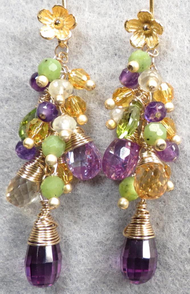 PRIMAVERA Renaissance Style Earrings Citrine Amethyst Prehnite Peridot Jade Cubic Zirconia 14K GF PRIMAVERA Renaissance Style Earrings Citrine Amethyst Prehnite Peridot Jade Cubic Zirconia 14K GF