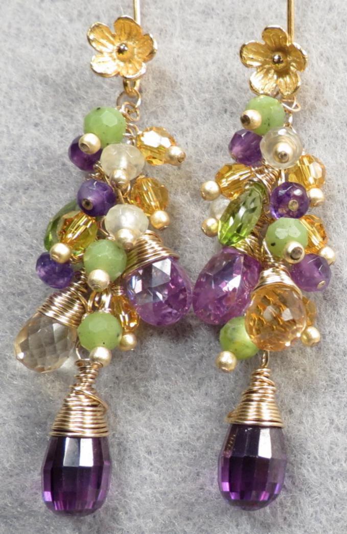 PRIMAVERA Renaissance Style Earrings Citrine Amethyst Prehnite Peridot Jade Cubic Zirconia 14K GF PRIMAVERA Renaissance Style Earrings Citrine Amethyst Prehnite Peridot Jade Cubic Zirconia 14K GF