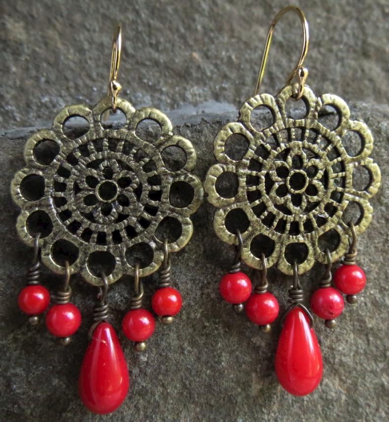 ALIENA Earrings Red Bamboo Coral Bronze Cathedral Windows Medieval Style ALIENA Earrings Red Bamboo Coral Bronze Cathedral Windows Medieval Style