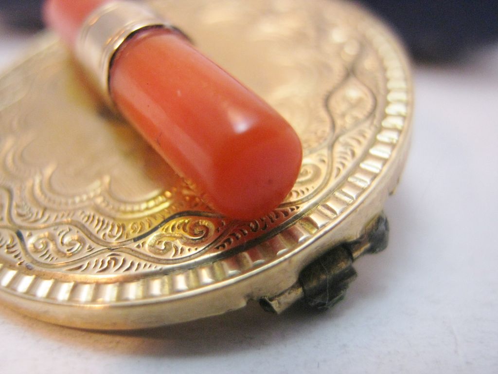 Victorian Engraved Gold Fill Brooch with Natural Coral Branch Victorian Engraved Gold Fill Brooch with Natural Coral Branch
