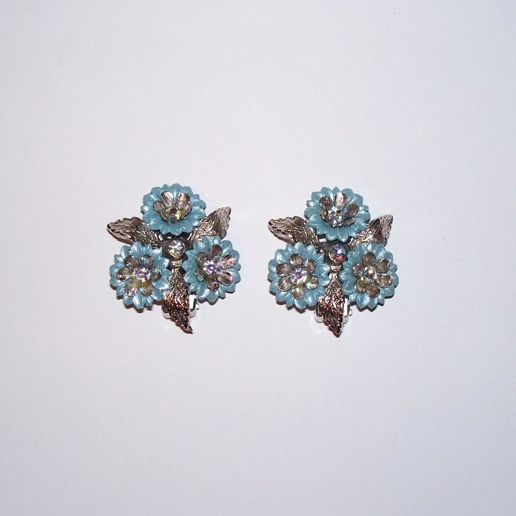 Coro Clip-On Earrings - Blue and Silver-tone Layered Flowers Coro Clip-On Earrings - Blue and Silver-tone Layered Flowers
