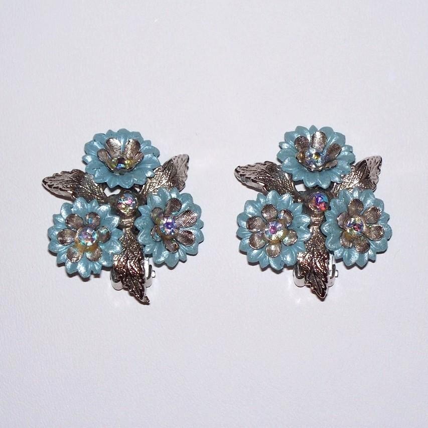 Coro Clip-On Earrings - Blue and Silver-tone Layered Flowers Coro Clip-On Earrings - Blue and Silver-tone Layered Flowers