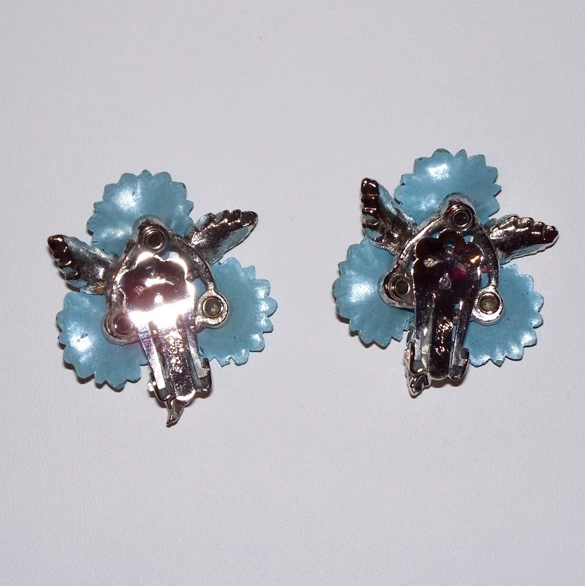 Coro Clip-On Earrings - Blue and Silver-tone Layered Flowers Coro Clip-On Earrings - Blue and Silver-tone Layered Flowers
