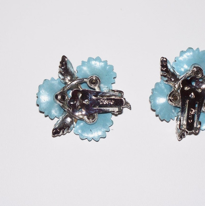 Coro Clip-On Earrings - Blue and Silver-tone Layered Flowers Coro Clip-On Earrings - Blue and Silver-tone Layered Flowers
