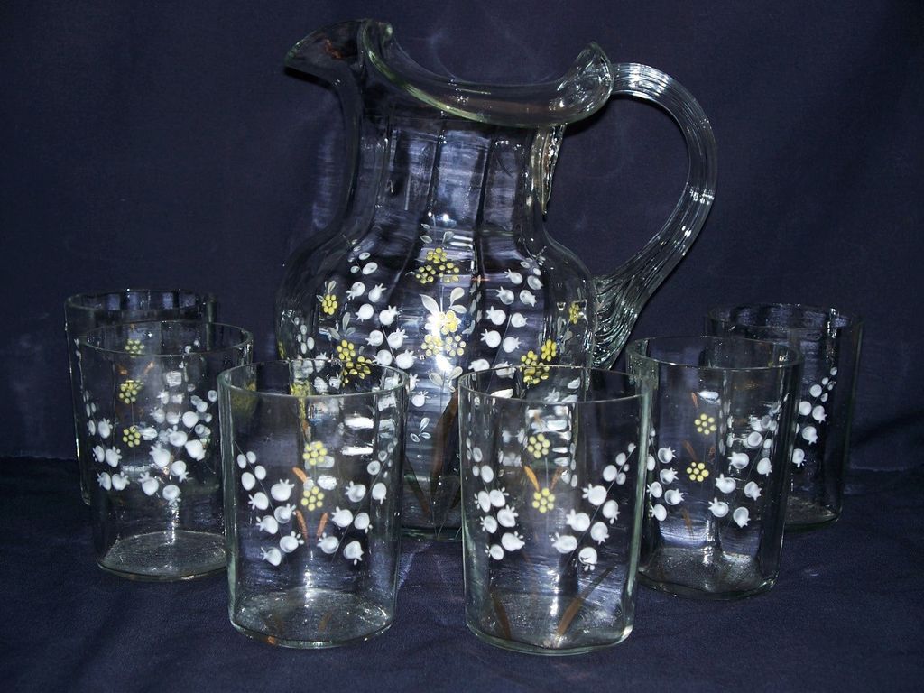 Antique Fenton Enameled Water Set - Lily of the Valley Antique Fenton Enameled Water Set - Lily of the Valley