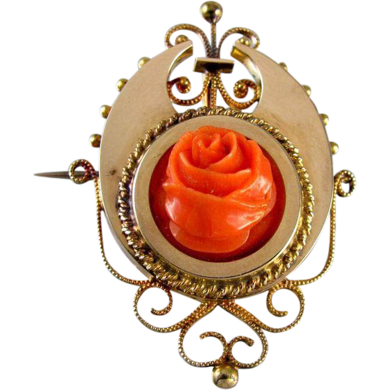 Rose gold Victorian coral rose pin brooch pendant Rose gold Victorian coral rose pin brooch pendant