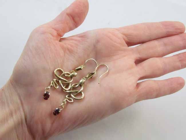 Sterling silver with 18k gold vermeil genuine garnet snake figural pierced earrings Sterling silver with 18k gold vermeil genuine garnet snake figural pierced earrings
