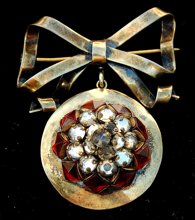 Early Hallmarked SANDOR STERLING Silver Ribbon Watch Pin and Red Rhinestone Pendant Early Hallmarked SANDOR STERLING Silver Ribbon Watch Pin and Red Rhinestone Pendant