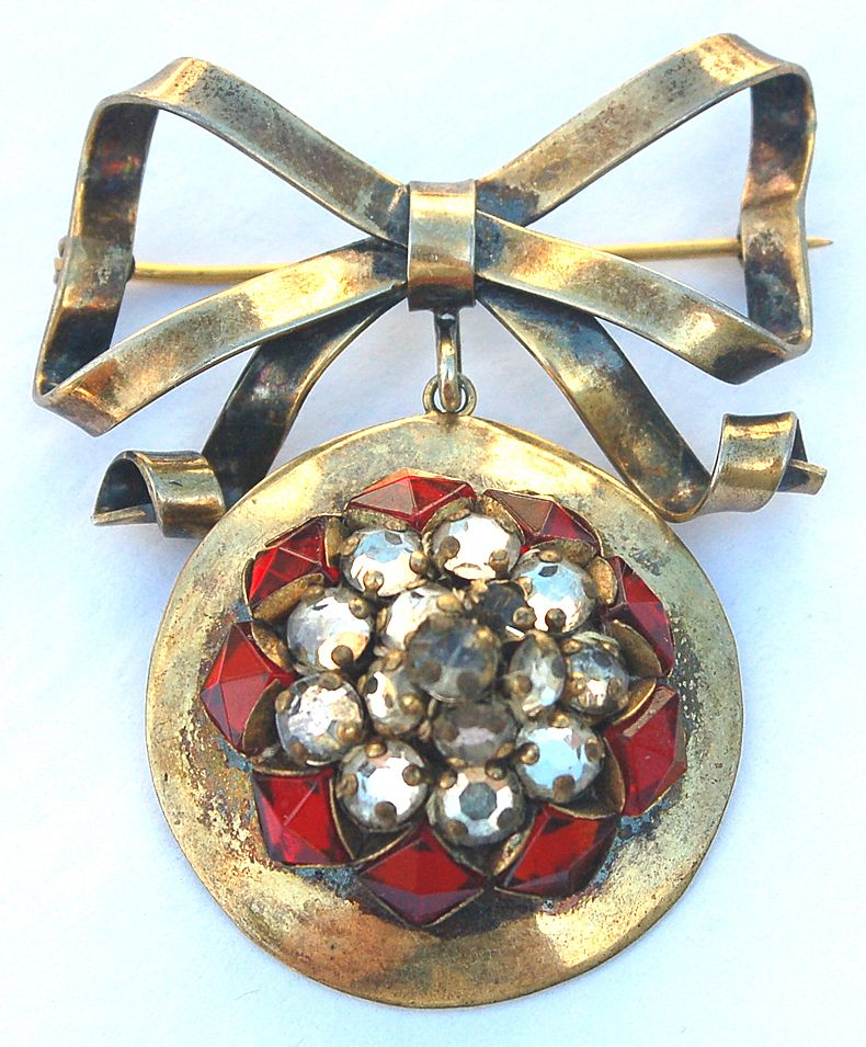 Early Hallmarked SANDOR STERLING Silver Ribbon Watch Pin and Red Rhinestone Pendant Early Hallmarked SANDOR STERLING Silver Ribbon Watch Pin and Red Rhinestone Pendant