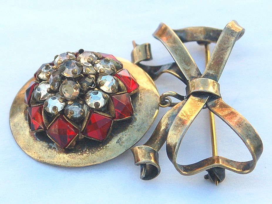 Early Hallmarked SANDOR STERLING Silver Ribbon Watch Pin and Red Rhinestone Pendant Early Hallmarked SANDOR STERLING Silver Ribbon Watch Pin and Red Rhinestone Pendant
