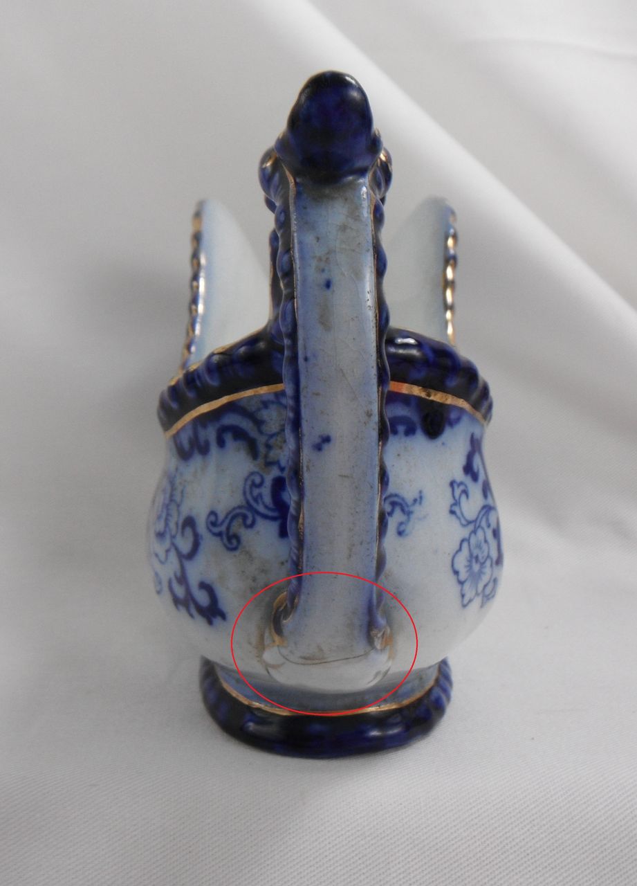 Damaged Flow Blue Gravy Boat, Nankin by Royal Doulton, 1890s Damaged Flow Blue Gravy Boat, Nankin by Royal Doulton, 1890s