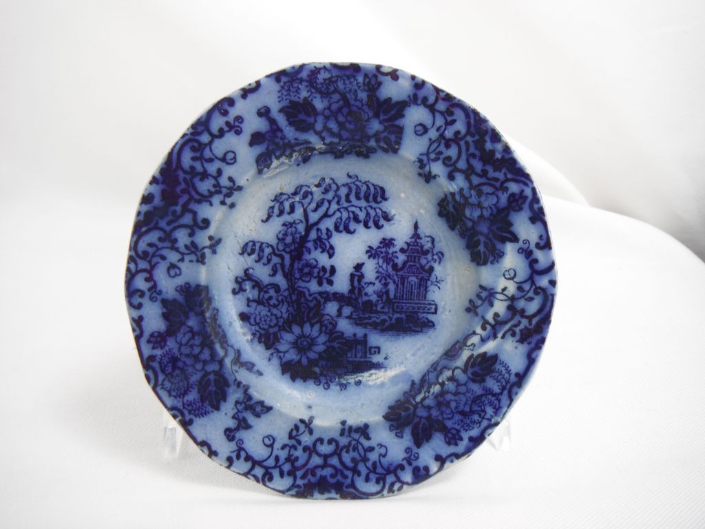 Flow Blue Cup Saucer Plate, Temple by unknown maker, 1840s Flow Blue Cup Saucer Plate, Temple by unknown maker, 1840s