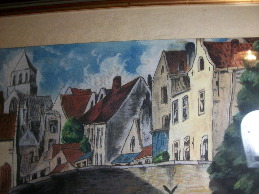 Bridge Over Water City Street Scene, 1943 French Pastel by artist M Hecquet Bridge Over Water City Street Scene, 1943 French Pastel by artist M Hecquet