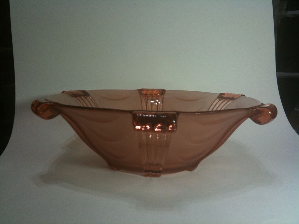 Czechoslovakia Stolzle pressed glass bowl in peach / pink glass Czechoslovakia Stolzle pressed glass bowl in peach / pink glass