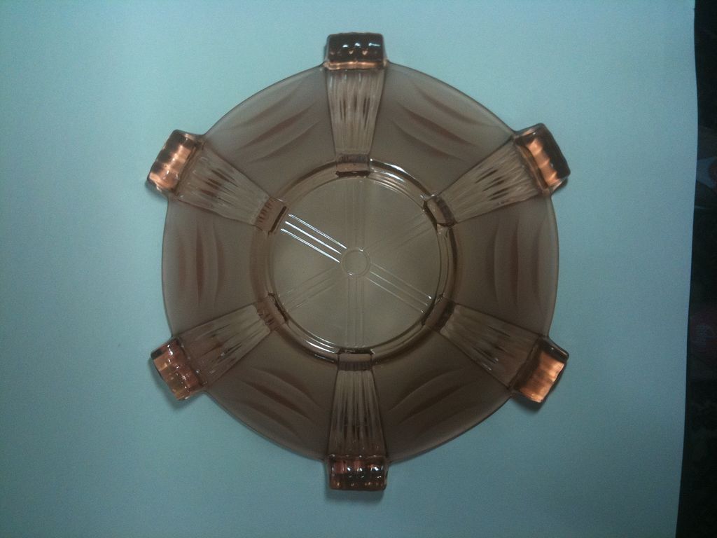 Czechoslovakia Stolzle pressed glass bowl in peach / pink glass Czechoslovakia Stolzle pressed glass bowl in peach / pink glass