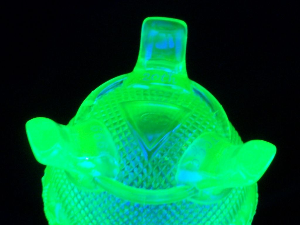 Texas Carnival Glass Club 20th Anniversary Fenton Vaseline Carnival Glass Footed Egg Vase, 1999 Texas Carnival Glass Club 20th Anniversary Fenton Vaseline Carnival Glass Footed Egg Vase, 1999